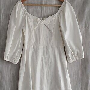 Short White Cotton A-line Peasant Dress Smocked Back & 3/4 Balloon Sleeves size6